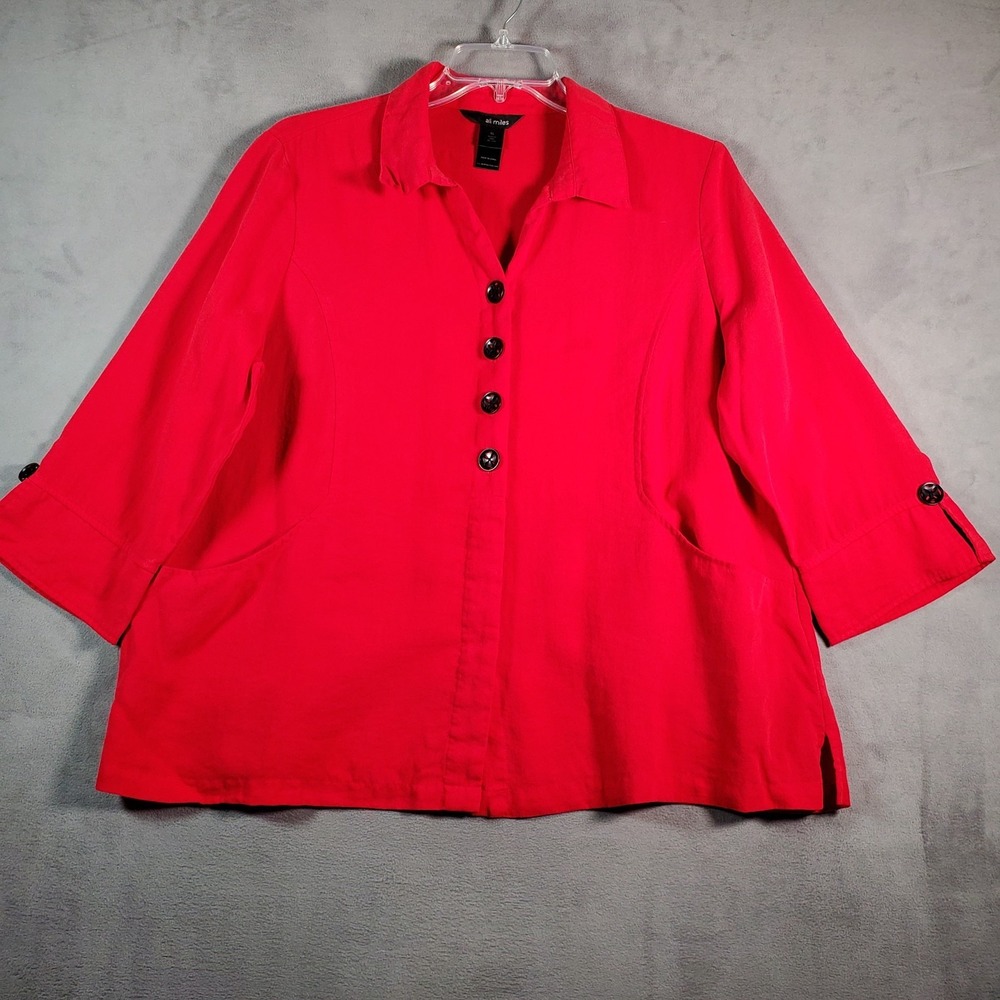 Ali Miles Tunic Jacket Womens XL Red Black Buttons 3/4 Sleeves Lagenlook Artsy